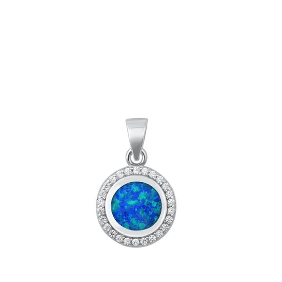 Sterling Silver Blue Synthetic Opal Circle Pendant Halo Cluster Unique Charm