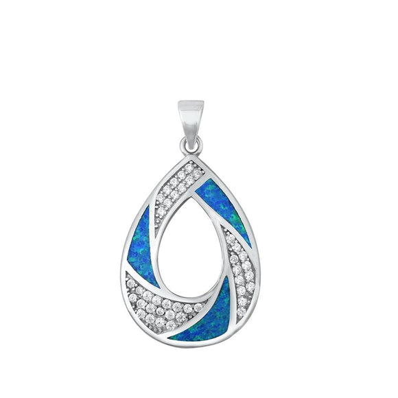 Sterling Silver Blue Synthetic Opal Spiral Clear CZ Teardrop Pendant Open Charm