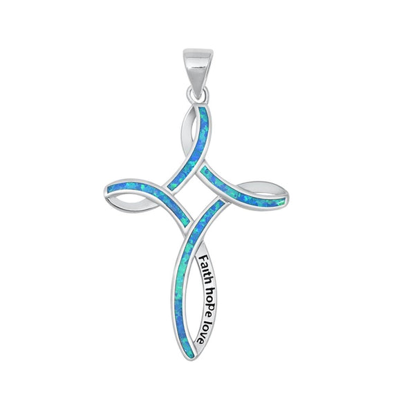 Sterling Silver Blue Synthetic Opal Faith Hope Love Cross Pendant Ribbon Charm
