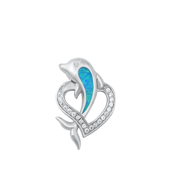 Sterling Silver Blue Synthetic Opal Jumping Dolphin Pendant Promise Heart Charm