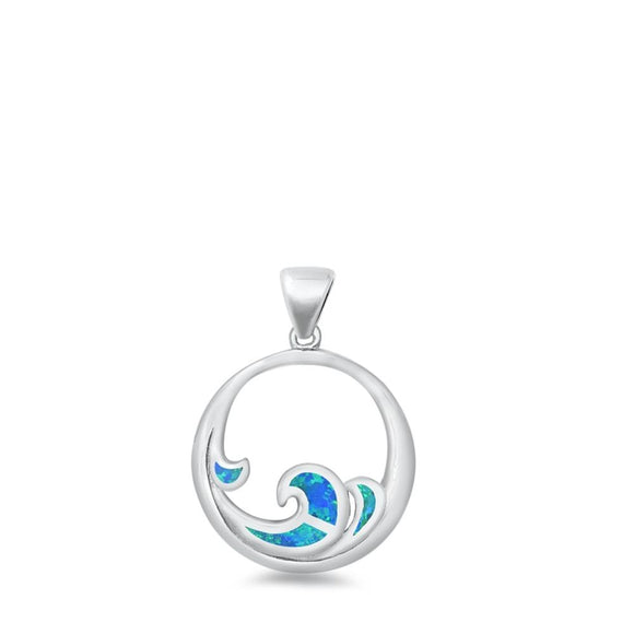Sterling Silver Cute Blue Synthetic Opal Wave Pendant Ocean Beach Sea Charm