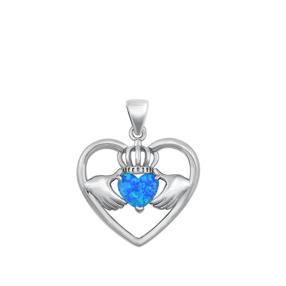 Sterling Silver Beautiful Blue Synthetic Opal Heart Claddagh Pendant Love Charm