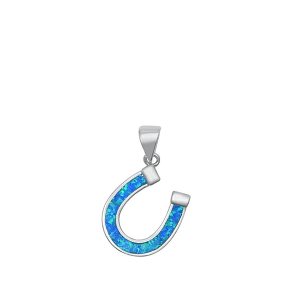 Sterling Silver Classic Blue Synthetic Opal Horseshoe Pendant Lucky Charm 925