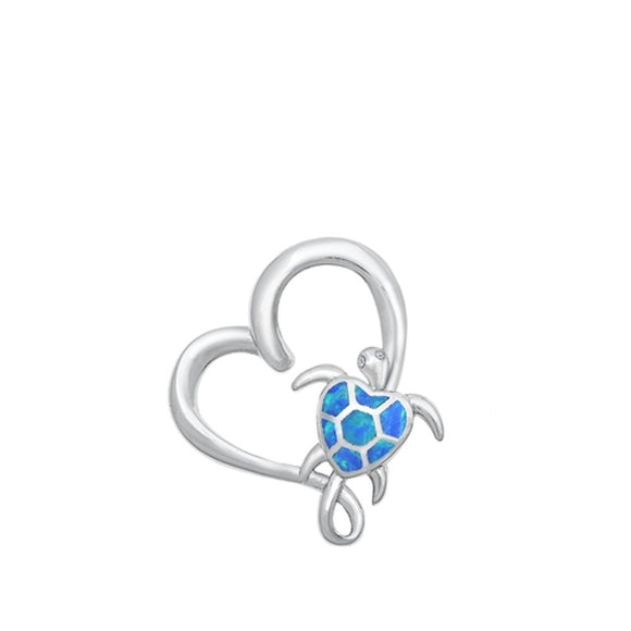 Sterling Silver Fashion Blue Synthetic Opal Heart & Turtle Pendant Love Charm