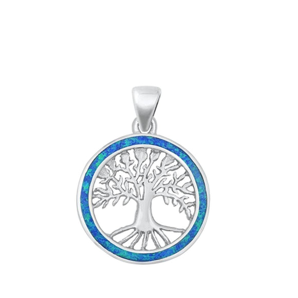 Sterling Silver Classic Blue Synthetic Opal Tree of Life Pendant Wisdom Charm