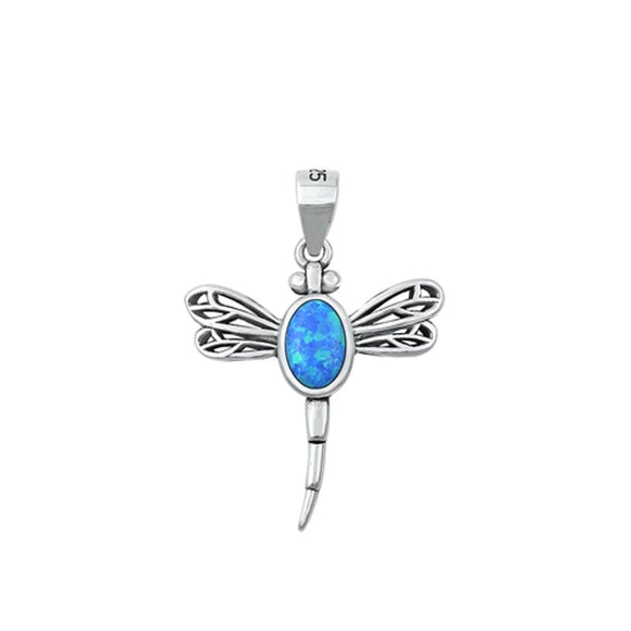 Sterling Silver Beautiful Blue Synthetic Opal Pendant Dragonfly Charm 925 New