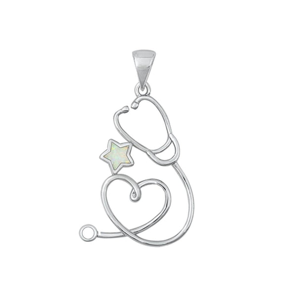 Sterling Silver Fashion Stethoscope White Synthetic Opal Star Pendant MD Charm