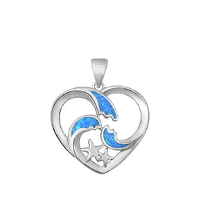 Sterling Silver Fashion Blue Synthetic Opal Wave Pendant Heart Star Beach Charm