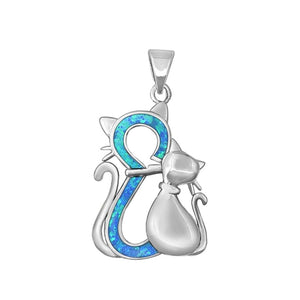 Sterling Silver Beautiful Blue Synthetic Opal Cat Pendant Kitten Charm 925 New
