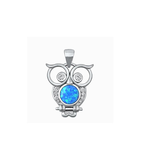Sterling Silver Classic Blue Synthetic Opal Clear CZ Owl Pendant Bird Charm 925