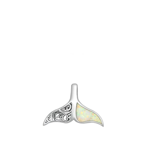 Sterling Silver Beautiful White Synthetic Opal Whale Tail Pendant Beach Charm