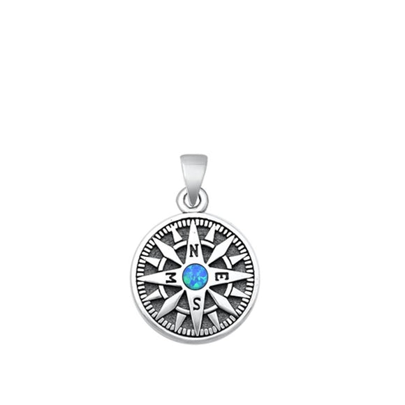 Sterling Silver Polished Blue Synthetic Opal Pendant Compass Charm 925 New