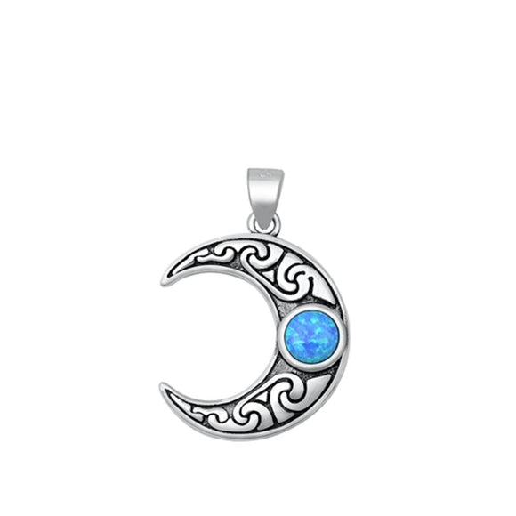 Sterling Silver Cute Blue Synthetic Opal Celtic Moon Pendant Celestial Charm 925