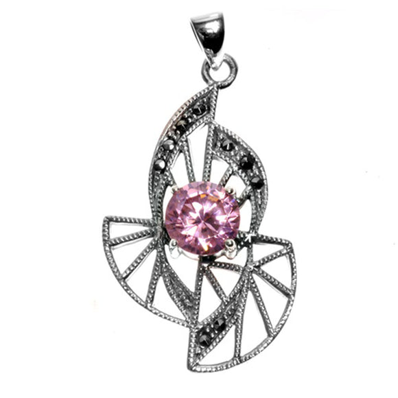 Art Deco Style Leaf Pendant Pink Simulated CZ .925 Sterling Silver Round Charm