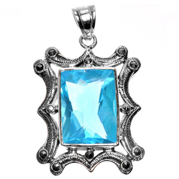 Vintage Style Solitaire Pendant Simulated Aquamarine .925 Sterling Silver Charm