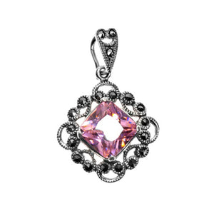 Sterling Silver Filigree Swirl Frame Square Pendant Pink Simulated CZ Charm
