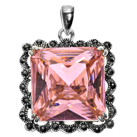 Vintage Square Pendant Pink Simulated CZ .925 Sterling Silver Halo Fancy Charm