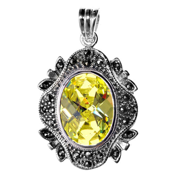 Victorian Studded Oval Pendant Yellow Simulated CZ .925 Sterling Silver Charm