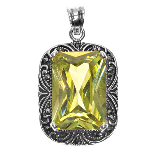 Filigree Swirl Frame Pendant Yellow Simulated CZ .925 Sterling Silver Charm