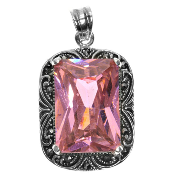 Filigree Swirl Rectangle Pendant Pink Simulated CZ .925 Sterling Silver Charm