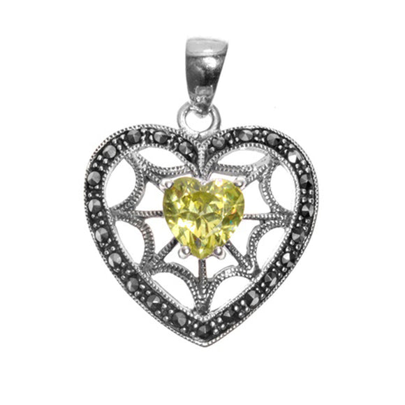 Spider Web Promise Heart Pendant Yellow Simulated CZ .925 Sterling Silver Charm