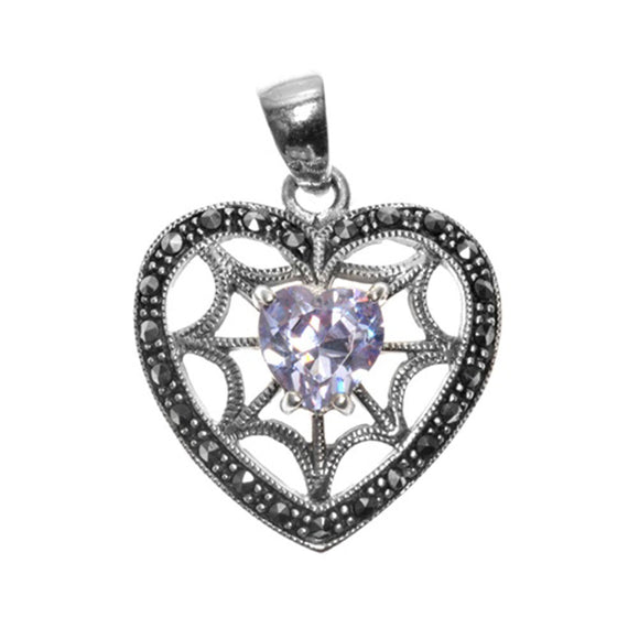 Victorian Promise Heart Pendant Simulated Lavender .925 Sterling Silver Charm