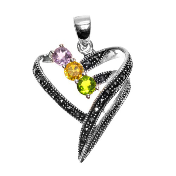 Double Loop Heart Pendant Simulated Lavender .925 Sterling Silver Studded Charm