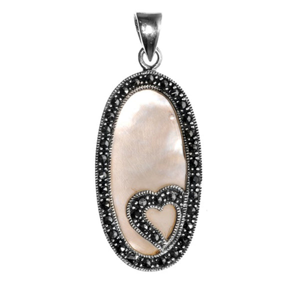 Sterling Silver Elongated Studded Oval Simulated Mother of Pearl Pendant Charm