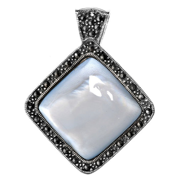 Sterling Silver Classic Studded Square Pendant Simulated Mother of Pearl Charm