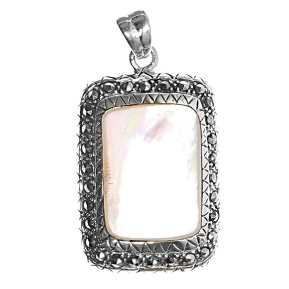 Sterling Silver Ornate Framed Rectangle Pendant Simulated Mother of Pearl Charm