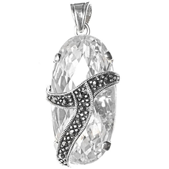 Classic Studded Oval Pendant Clear Simulated CZ .925 Sterling Silver Chic Charm