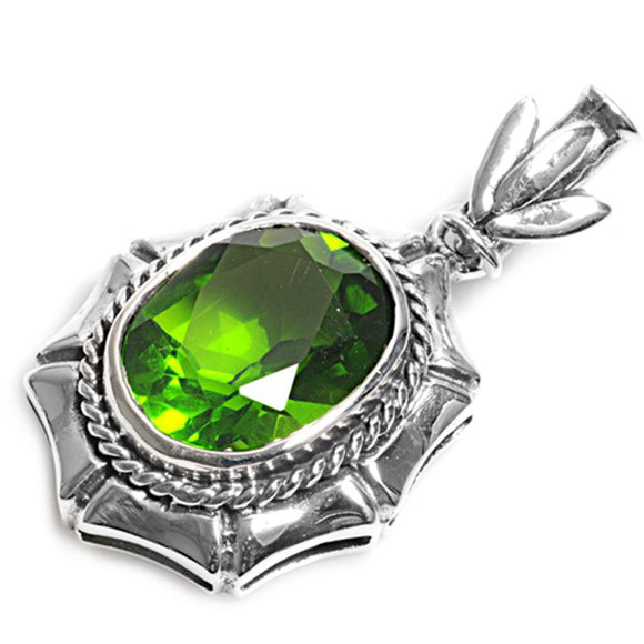 High Polish Gothic Oval Pendant Simulated Emerald .925 Sterling Silver Charm