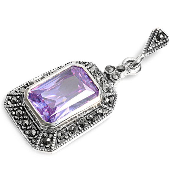 Sterling Silver Vintage Bali Style Rectangle Pendant Simulated Lavender Charm