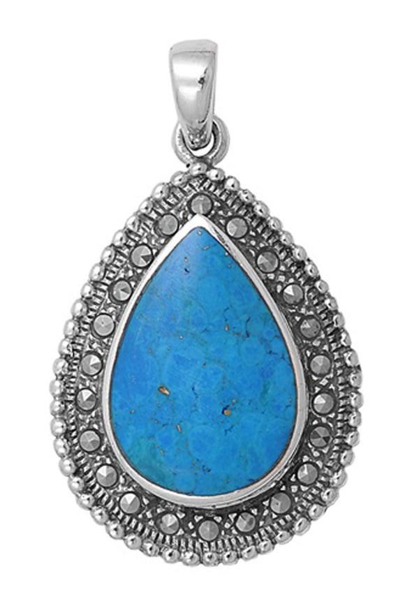 Sterling Silver Halo Vintage Bead Teardrop Pendant Simulated Turquoise Charm