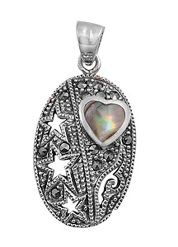 Heart Triple Star Oval Pendant Simulated Abalone .925 Sterling Silver Rope Charm
