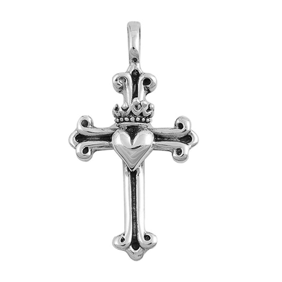 Celtic Claddagh Heart Cross Pendant .925 Sterling Silver Crown Crucifix Charm