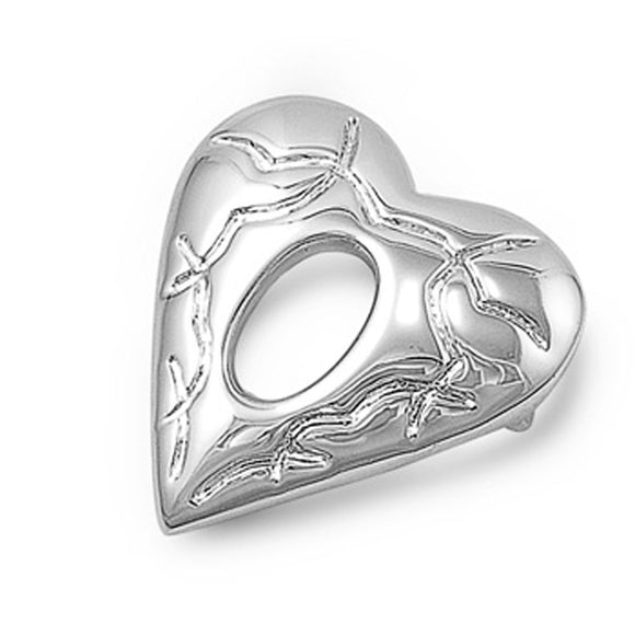 Oval Cutout Vintage Groove Heart Pendant .925 Sterling Silver Ornate Shiny Charm