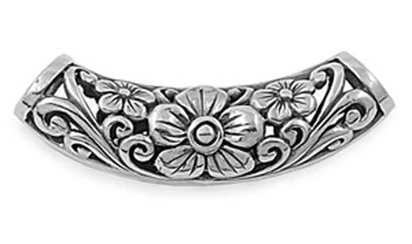 Ornate Folk Flower Slide Pendant .925 Sterling Silver Filigree Swirl Open Charm