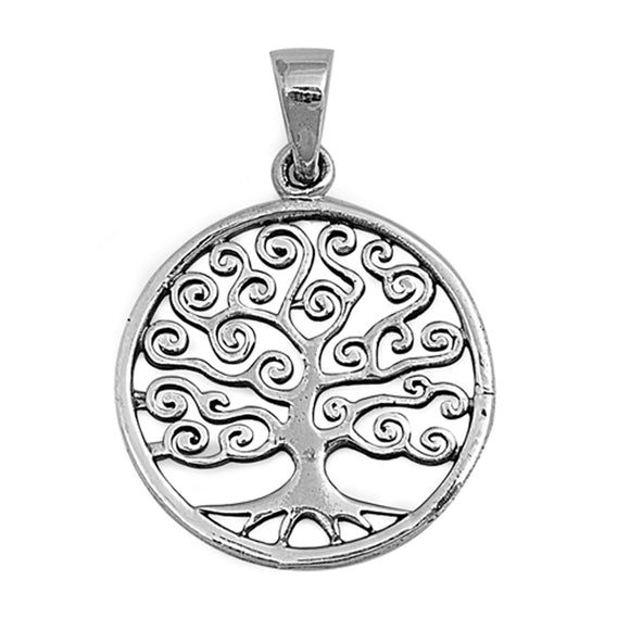 Sterling Silver Tree of Life Pendant Curly Branch Filigree Swirl Circle Charm