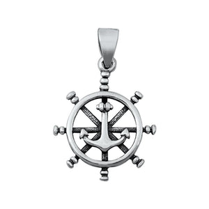 Sterling Silver Captains Wheel Pendant Anchor Sailor Pirate Nautical Charm 925