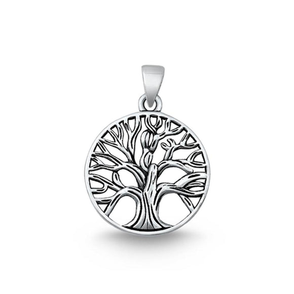 Sterling Silver Detailed Tree Medallion Pendant Cutout Branch Leaf Family Charm