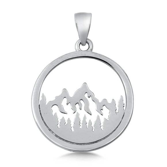 Sterling Silver Cutout Mountain Range Pendant Tree Forest Nature Open Hoop Charm