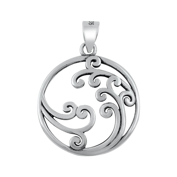 Sterling Silver Filigree Swirl Wave Pendant Ocean Abstract Medallion Charm 925