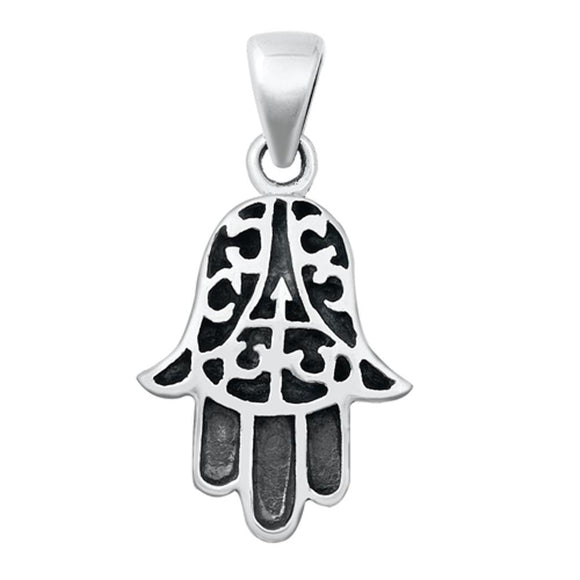 Sterling Silver Hamsa Hand of God Pendant Filigree Swirl Oxidized Detail Charm