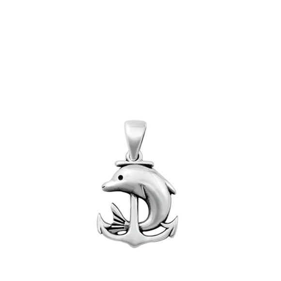 Sterling Silver Polished Dolphin Anchor Pendant Oxidized Nautical Ocean Charm