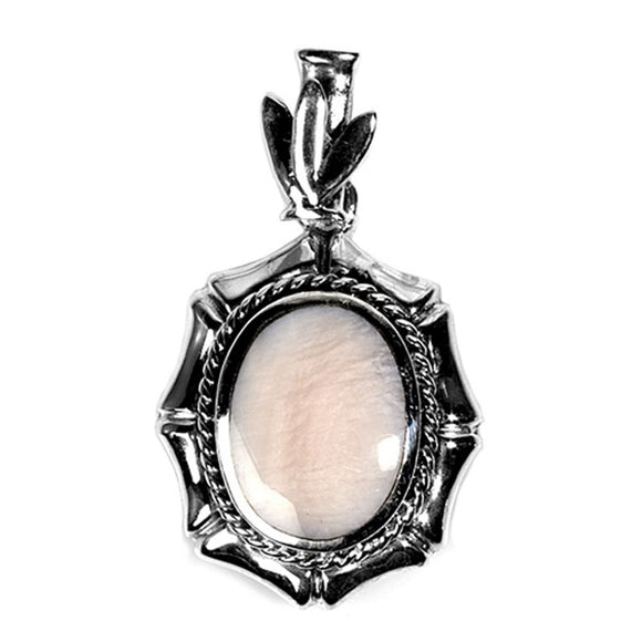 Sterling Silver Ornate Medieval Oval Pendant Simulated Mother of Pearl Charm