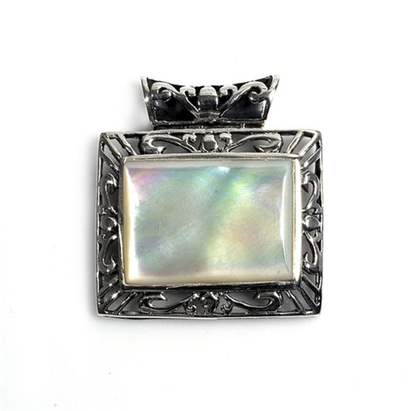 Sterling Silver Filigree Swirl Rectangle Pendant Simulated Mother of Pearl Charm