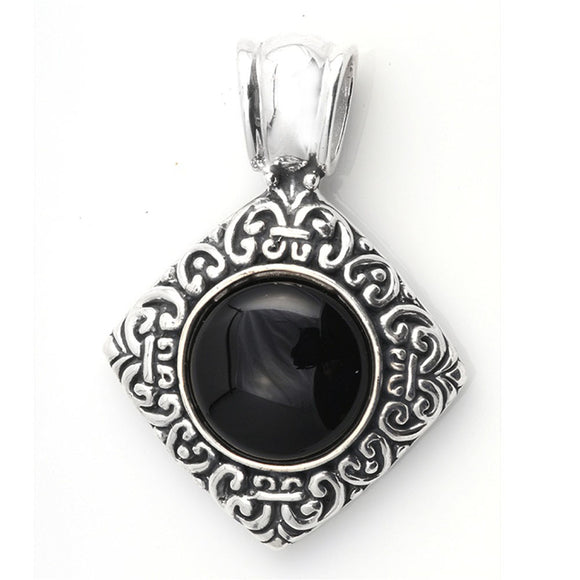 Sterling Silver Ornate Oxidized Medallion Pendant Black Simulated Onyx Charm