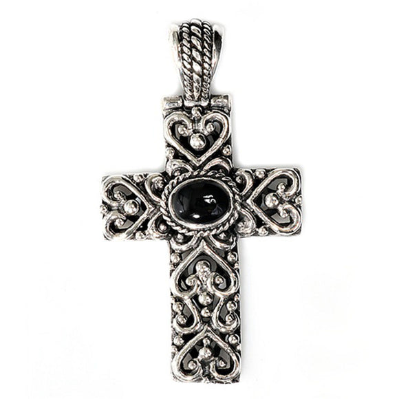 Sterling Silver Heart Gothic Spiral Heart Cross Pendant Black Simulated Onyx