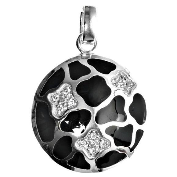 Artistic Spotted Circle Pendant Black Simulated Onyx .925 Sterling Silver Charm